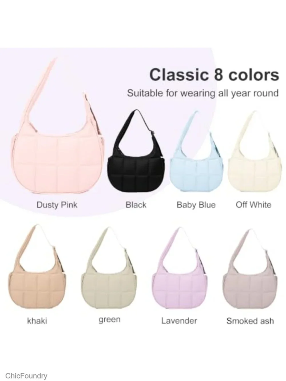 Quilted Nylon Puffer Crescent Shoulder Bag Multi-Pocket Adjustable Strap Hobo